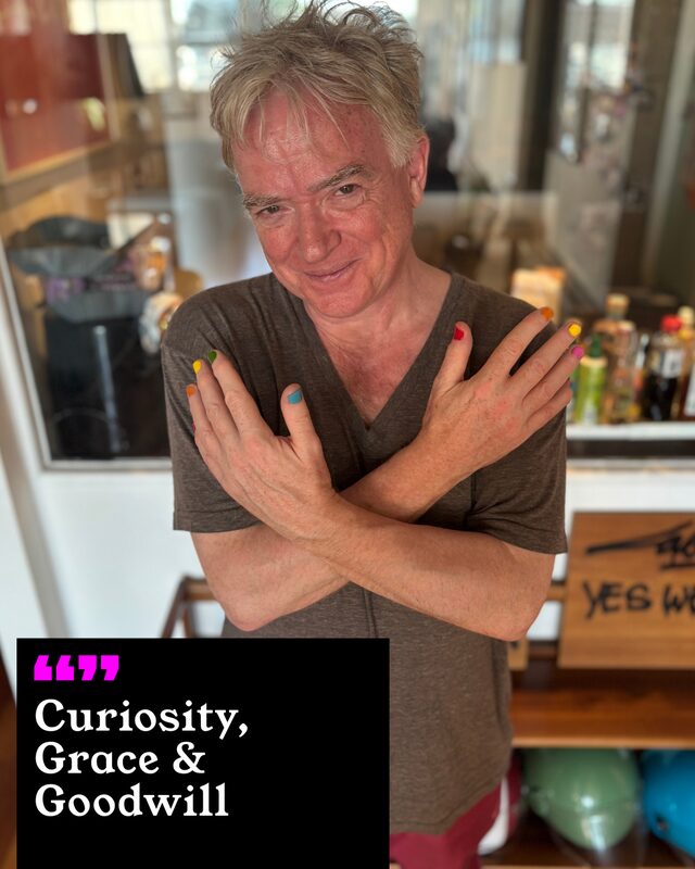 Glyn Maxwell holding up his painted nails. His three words: Curiosity, Grace and Goodwill.