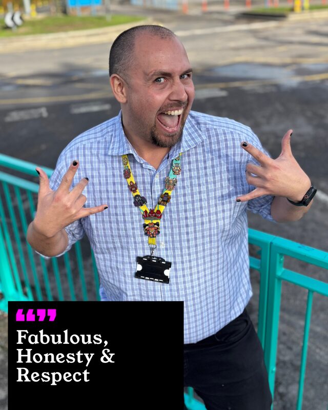 Jack Masters holding up his painted nails. His three words: Fabulous, Honesty and Respect.