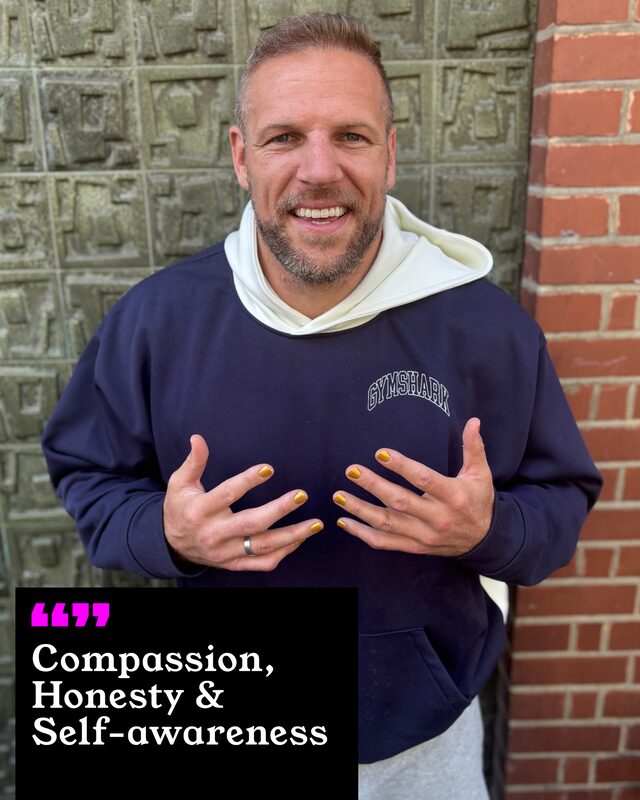 James Haskell holding up his painted nails. His three words: Compassion, Honesty and Self-awareness.