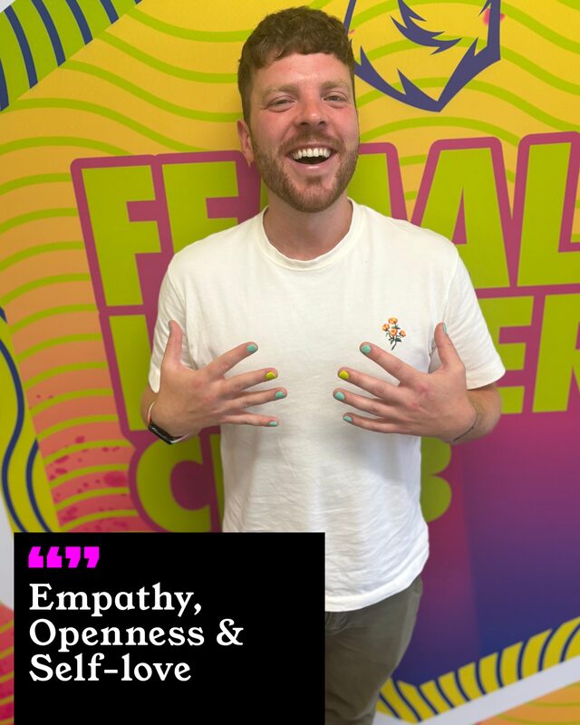 Johnny Heeks holding up his painted nails. His three words: Empathy, Openness and Self-love.