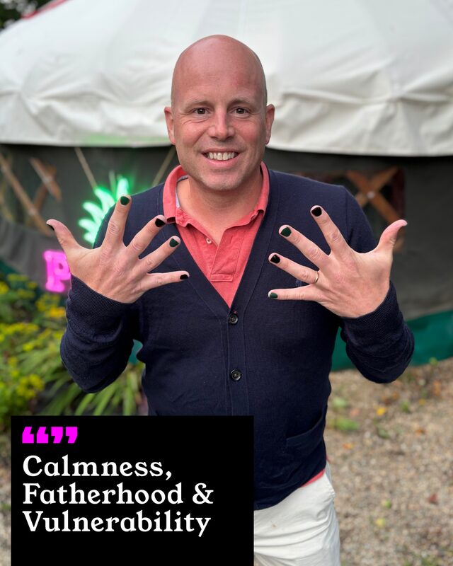 Martijn De Vee holding up his painted nails. His three words: Calmness, Fatherhood and Vulnerability.
