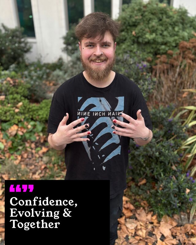 Ryan Vyse holding up his painted nails. His three words: Confidence, Evolving and Together.